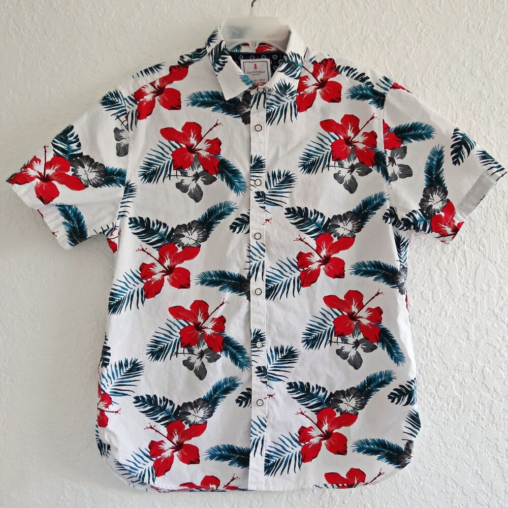CACTUS MAN Ricky Singh Men's L Short Sleeve Button Up Shirt Slim Fit Hibiscus